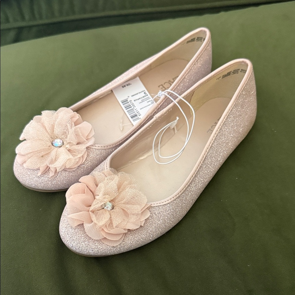 The Children's Place Pink Glitter Flats with Floral Accent